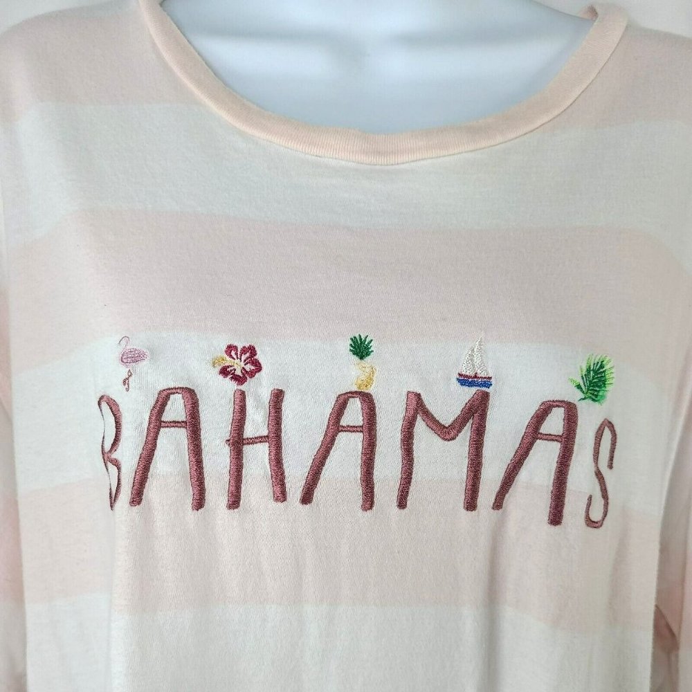 Pacsun Embroidered Bahamas T- Shirt Womens LG -90s Style Crew Striped Pink White - Picture 2 of 8